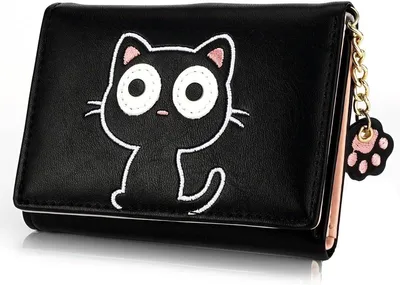 Produktbild von Niedliche Damengeldbörse mit Katzenmotiv in Schwarz, dreifach faltbar, aus Kunstleder, kleines Münzfach mit dekorativem Reißverschluss, entworfen für Frauen, Teenager, Jungen und Mädchen
