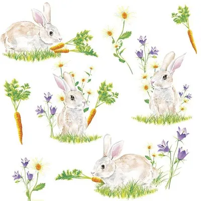 Produktbild von 20 Servietten Bunnies with Carrots - Hasen mit Karotten an Blumen 33x33cm