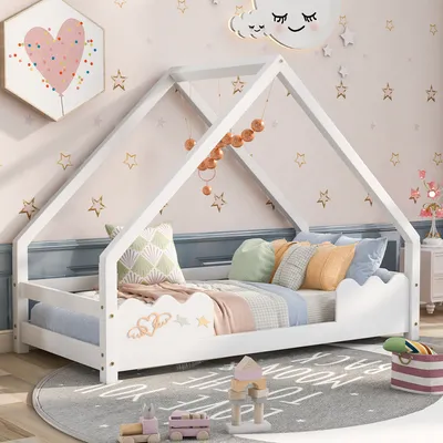 Produktbild von Flieks Kinderbett Hausbett 90x200cm mit Lattenrost, Bodenbett mit Rausfallschutz, Einzelbett Jugendbett Kiefernholzbett, Weiß