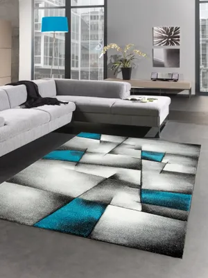 Produktbild von Moderner Teppich Kurzflor Wohnzimmerteppich karo abstrakt grau schwarz weiss türkis Größe - 160x230 cm