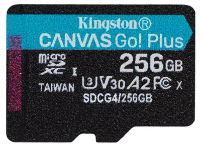 Zdjęcie produktu dla Kingston Technology Karta 256GB microSDXC Canvas Go Plus Gen4 200MB/s A2 U3 V30 + adapter, 256 GB, MicroSD, Klasa 10, UHS-I, 200 MB/s, 160 MB/s