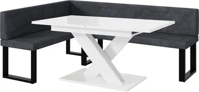 Produktbild von MEBLINI Eckbank für Esszimmer mit ausziehbarem Tisch  - Küchenbank - Essecke - Sitzecke Küche - ERIC - U-Beine 142x196x87cm Links - Dunkelgrau Samt/B Weiß Hochgl.