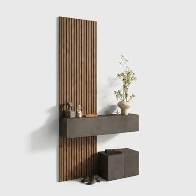 Produktbild von Modulare Garderobenwand für den Eingangsbereich mit Lamellenpaneelen Composizione 297