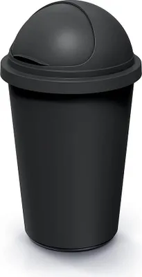 A black trash can with a dome lid.