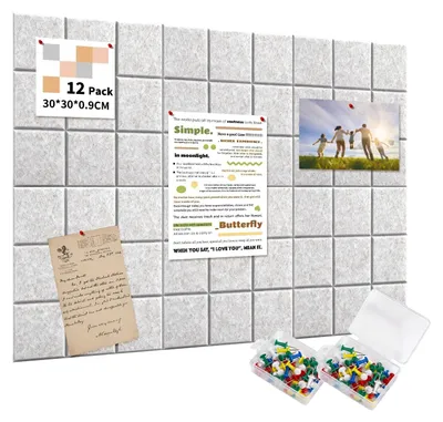 Immagine prodotto di Pannello in sughero extra grande, 120x90 cm - Pannelli in feltro per memo, 30x30 cm - 12 pezzi - Adesivi - Ideali per ufficio/cucina - Decorazione da parete con spillette - Bacheca per memo