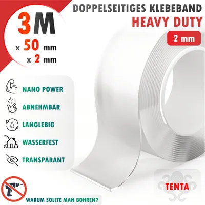 Produktbild von Doppelseitiges Klebeband 3m x 50mm x 2mm - TENTA Heavy Duty