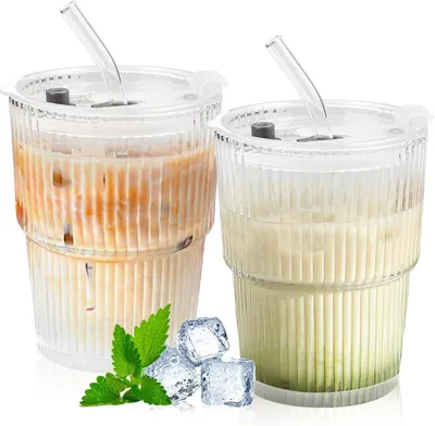 Obrázek produktu pro Sada 2 sklenic na matcha (400 ml) s víčkem a brčkem, vhodná na smoothie, kávu, mléko, čaj, koktejly a whisky, nepropustná
