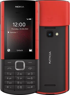 A front and back view of a red and black Nokia mobile phone.