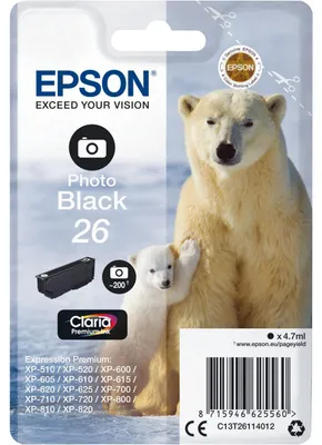 Obrázok produktu pre Epson Polar bear Jednofarebný atrament Claria Premium 26 polárny medveď Photo Black, Štandardná výťažnosť, Fotografická čierna, Atrament na báze farby, 4,7 ml, 1 kusov, 200 strany