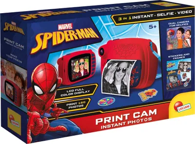 The image shows the retail packaging for a Marvel Spider-Man instant print camera.