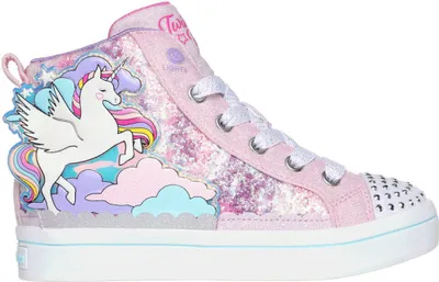 A side view of a pink high-top sneaker for children, featuring a unicorn and cloud design with glitter accents and lights.