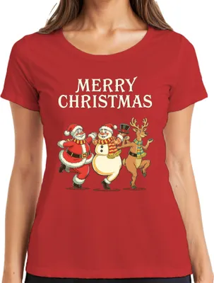 Produktbild von MERRY CHRISTMAS Weihnachtsmann Schneemann Rentier tanzend Vintage Damen T-Shirt, Rot, M