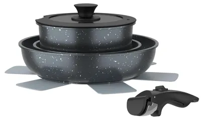 Immagine prodotto di Set di pentole e padelle da 5 pezzi - Pentole e padelle - Maniglie removibili - Impilabili - Rivestimento antiaderente - Alluminio - Adatto per fornelli a gas, induzione e forno - Colore nero
