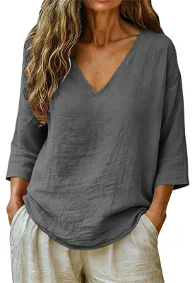 Image de T-shirt pour femmes ASKSA, col en V, manches 3/4, chemisier en lin d'été, chemisier en mousseline, uni, décontracté, ample, basique (gris foncé, taille XL)