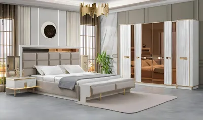 Image de Ensemble de chambre à coucher moderne, beige, avec des accents dorés
