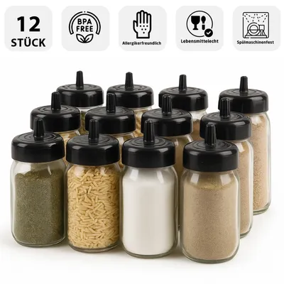 Produktbild von 12er Set Gewürzgläser 330ml – Glas Gewürzbehälter mit Deckel & Löffel – Luftdicht & BPA-frei – Vorratsgläser für Küche, Kräuter, Gewürze