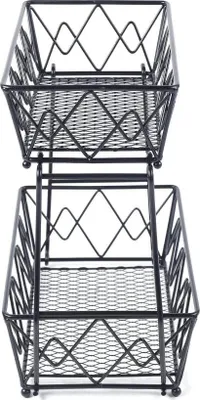 Image de Support à fruits - Panier à fruits à deux niveaux en métal - Rangement de cuisine pour plan de travail - Étagère décorative - Noir
