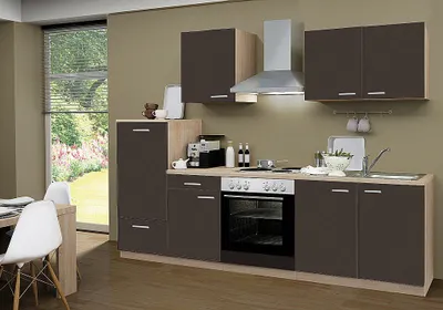 Produktbild von idealShopping GmbH Küchenzeile lava matt, Chrom, Kühlschrank, Dunstabzugshaube, Herd, Kochfeld, Spüle, Classic, 270 cm, A, B