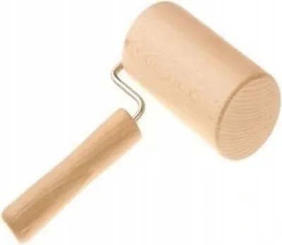 A wooden rolling pin with a metal handle on a white background.