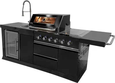 Produktbild von BUSCHBECK Outdoorküche Cambridge, schwarz lackierter Edelstahl, B262 x T60 x H119 cm, XL-Gasgrill mit Backburner und Sizzle Zone