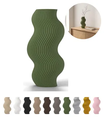 Image de Vase décoratif ondulé 18,4 cm, strié en PLA – Vert olive