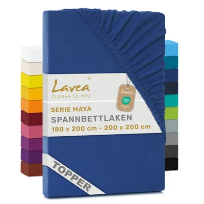 Zdjęcie produktu dla Lavea® Prześcieieradlo do materaca z dodatkową warstwą, 180x200 cm - 200x200 cm, Maya, 100% bawełna dżersejowa – Miękkie prześcieradło do materaca z dodatkową warstwą, pasujące do materacy o grubości do 10 cm – Królewski niebieski
