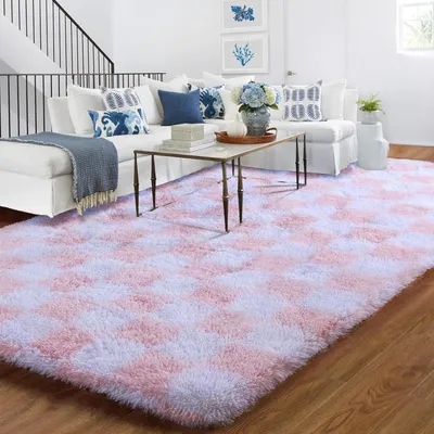 Productafbeelding van Vloerkleed 90 x 150 cm, roze, schaakbordpatroon, hoogpolig, voor woonkamer