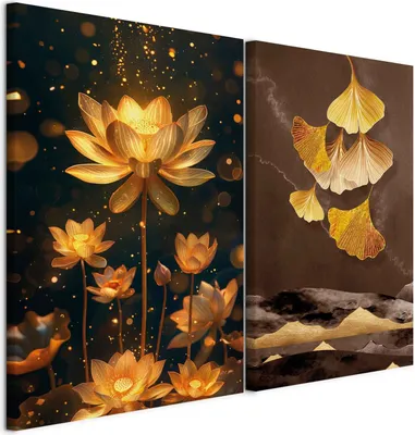 Produktbild von murando - Handart Bilder Set Elegante Lotusblüten Kunstdruck 80x60cm 2 Teilig je 40x60cm Collage 2er Vlies mit Acrylgel Beschichtet Wandbilder Leinwandbilder Dekoration - Dunkle Farbe b-C-10462-b-a