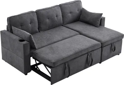 Produktbild von L-foermiges Sofa 211x130x86 cm Polstermoebel Grau Loungesessel Stauraum Design Schlafsofa  Schlaffunktion Getraenkehalter links rechts austauschbar