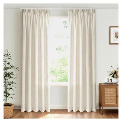 Produktbild von Gardinen mit Kräuselband 2er Set, moderne Wohnzimmergardinen für Schienensystem, halbtransparente Vorhänge in Leinenoptik H 245 x B 140 cm, Natur