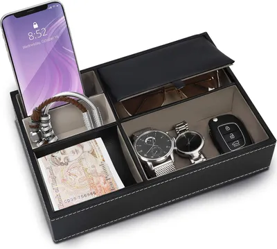 Produktbild von Schwarzes Faux-Leder 5-Fächer Valet Nachttisch Organizer Tablett – Bürospeicherbox für Geldbörse, Telefon, Schlüssel, Schmuck, Accessoires, Geld, Armbänder – Allesfänger neben dem Bett