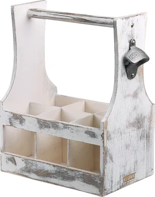 Produktbild von KESPER Flaschenträger mit Flaschenöffner – Flaschenhalter aus Holz, weiß rustikal – mit Tragegriff – 25 x 16,8 x 32 cm – Modell 66266