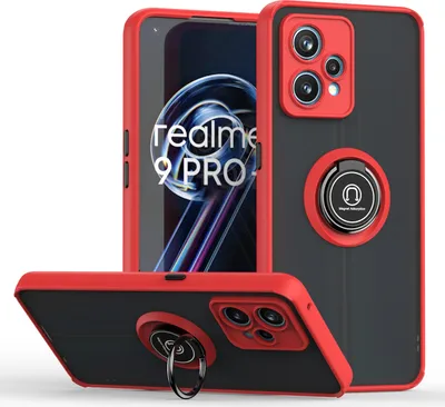 Produktbild von OPPO Realme 9 Pro Hülle, Ring Halter Ständer Matte Transluzent TPU Rahmen Stoßfest Schutzhülle für OPPO Realme 9 Pro Rot