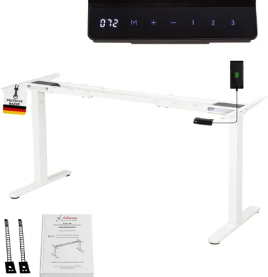 A white electric height-adjustable desk frame with a black control panel and accessories shown on a white background.