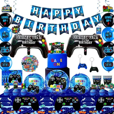 Produktbild von 16 Personen Geburtstagsdeko Set Gaming Partygeschirr Ballons Banner Servietten