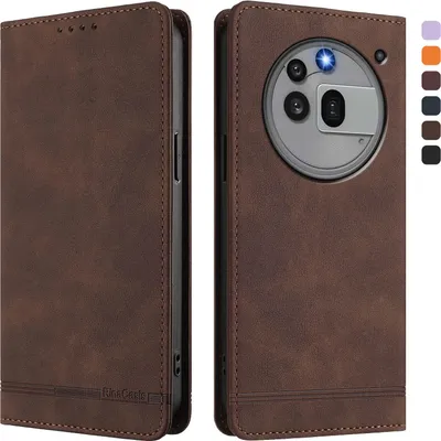 A brown leather flip case for a phone is shown from the front and side, with a close-up of the camera module on the back.