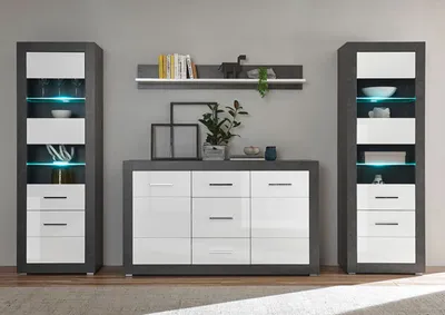 Produktbild von Etero Wohnwand 294cm dark concret / weiß Hochglanz Sideboard Modern