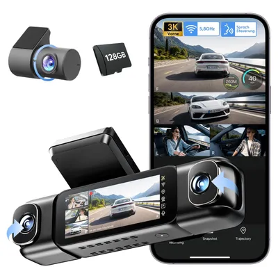 Productafbeelding van 4-kanaals dashcam voor auto, voor- en achterkant, 4-kanaals 3K + 3 * 1080P, autorcamera met 128GB SD-kaart, GPS, 5GHz WiFi, 3,18" IPS-scherm, super nachtzicht