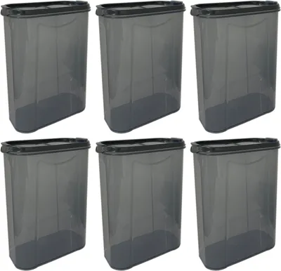 Six identical gray plastic storage containers with black lids are arranged in two rows of three.