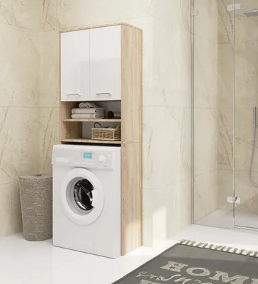 Produktbild von Badschrank – Badezimmerschrank – Badmöbel Schrank – FIN – 64 cm – Sonoma Eiche / Weiß Hochglanz – Waschmaschinenüberbau mit Türen und offenen Fächern