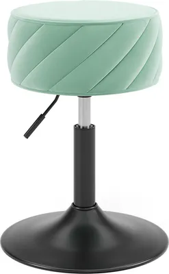 A mint green stool with a black base and adjustable height.