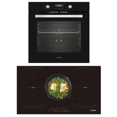 A black built-in oven and a black induction hob are shown against a white background.