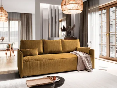 Produktbild von Sofa MESTOR Gelb Kordstoff mit Schlaffunktion, Sofa mit Bettkasten, Sofa mit Bettkasten, Wohnzimmersofa, Couch, Soffa, Bettsofa, Couchgarnitur- Gelb, POSO 01