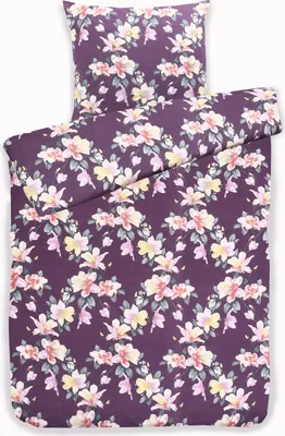 Produktbild von Bettwäsche Winter Biber Mischgewebe Baumwolle Polyester Feinbiber 135x200 + 80x80 cm mit Reißverschluss Größe: 2 teilig Design: Blume aubergine
