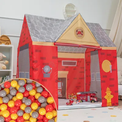 Produktbild von Selonis Spielhaus Spielzelt Feuerwehrhaus Mit 300 Bälle Faltbares Für Kinder Realistisches Design Langlebige Und Sichere Leicht Zu Montieren Drinnen Und Draußen, Rot-Grau:Grau/Gelb/Rot/