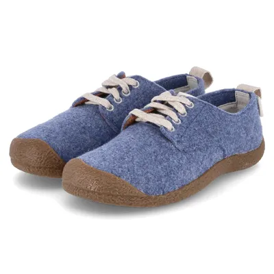 A pair of blue KEEN Mosey Derby shoes on a white background.