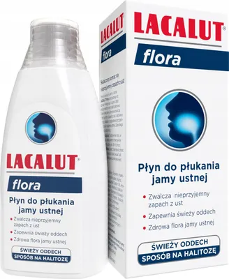 A bottle and box of Lacalut Flora mouthwash are displayed side-by-side against a white background.
