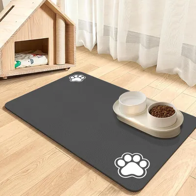 Produktbild von Futtermatte Katzen, Napfunterlage Hund Klein, wasserdichte Haustier Futtermatten rutschfeste Unterlage Katzennapf Fressnapf Futtermatte Katzenfutter Futternapf Matte (Dunkelgrau-2 Pfoten, 40 x 60 cm)