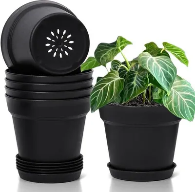 Produktbild von T4U 19cm Kunststoff Blumentopf mit Untersetzer, 6er-Set Plastik Übertopf Kräutertopf mit Mehrere Ablauflöchern, Rund Pflanzkübel für Innen und Balkon Sukkulenten Kaktus, Schwarz