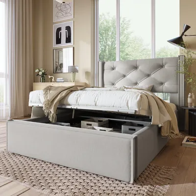 Produktbild von Sweiko Boxspringbett Polsterbett mit Kopfteil und Lattenrost, Stauraumfunktion Bett 90x200cm , Baumwolle, HellGrau(ohne Matratze)